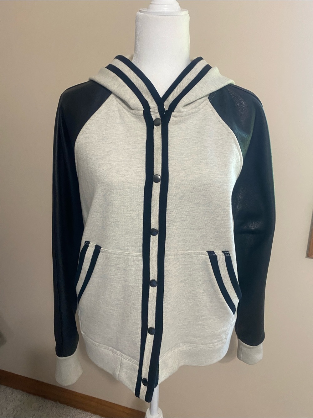 Madewell Cream and Black Hooded Snap-Front Cardigan Jacket
